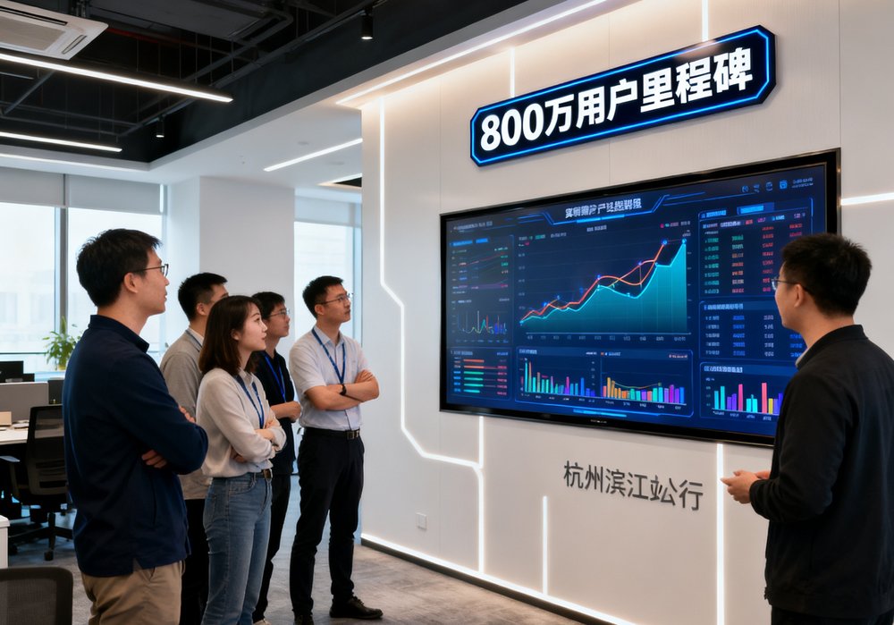 球迷网团队在杭州滨江办公室分析实时数据大屏，墙上有800万用户里程碑