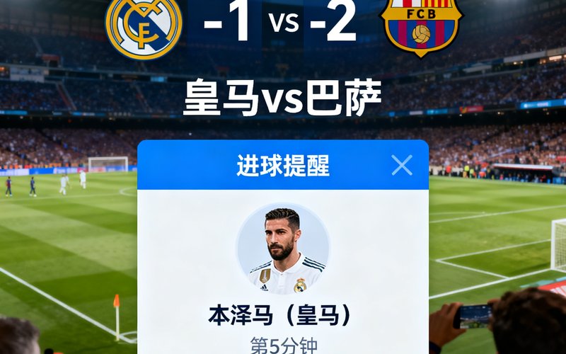 球迷网实时比分界面，显示皇马vs巴萨及进球弹窗提醒